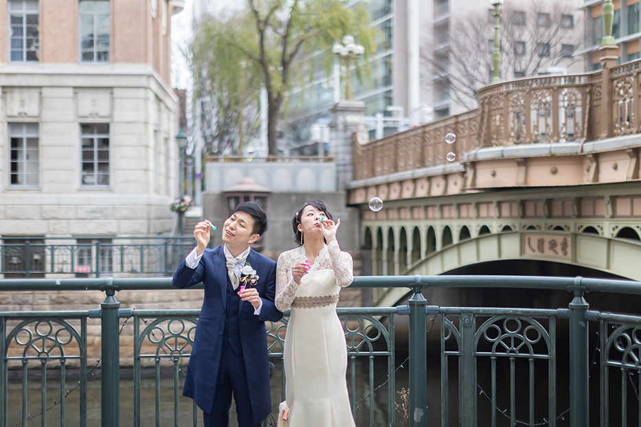 名古屋・納屋橋でのドレス・ロケーション前撮り撮影。