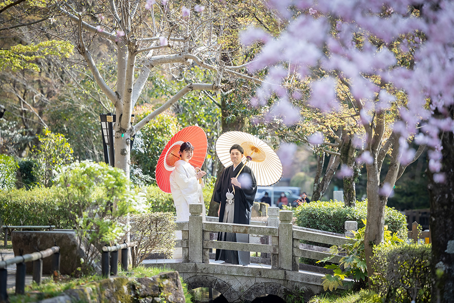 岐阜市にある岐阜公園での桜和装前撮り撮影