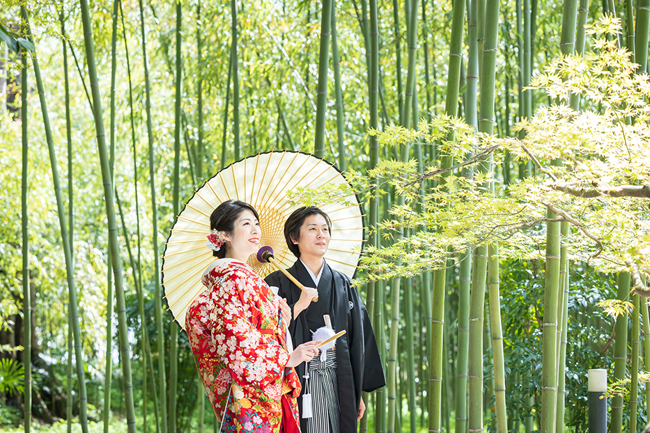 岐阜県大垣市の赤坂宿での和装前撮り撮影。見事な竹林を発見