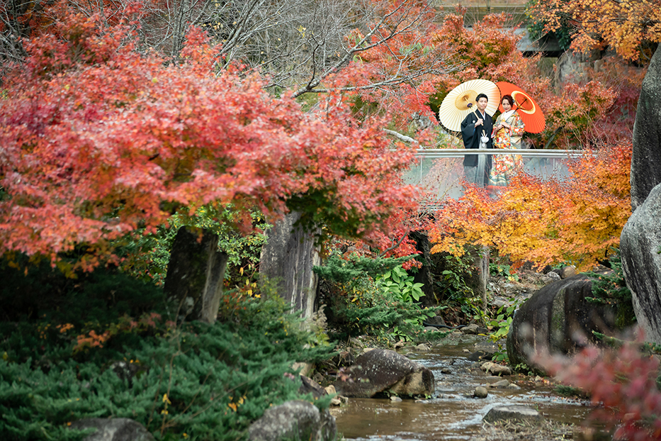 紅葉シーズンの名古屋・モリコロパークでの紅葉・和装前撮り撮影。見事な紅葉