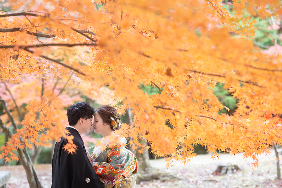 岐阜県多治見市の永保持での紅葉・和装前撮り撮影。もみじが綺麗！