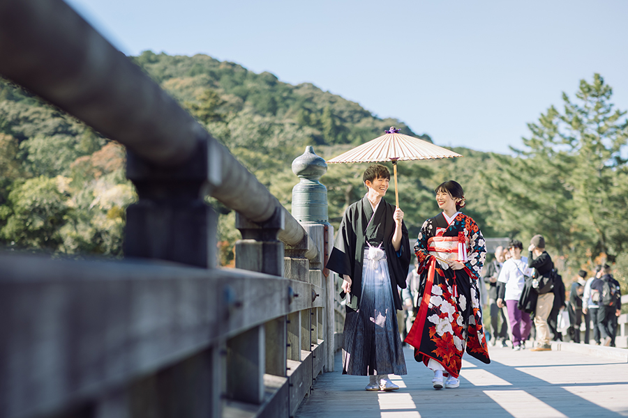 伊勢神宮での和装前撮り。宇治橋での撮影